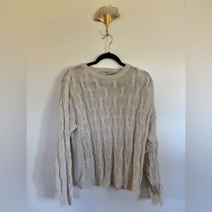 VINTAGE French Navy Cable Knit Crewneck Sweater Cream Size Large